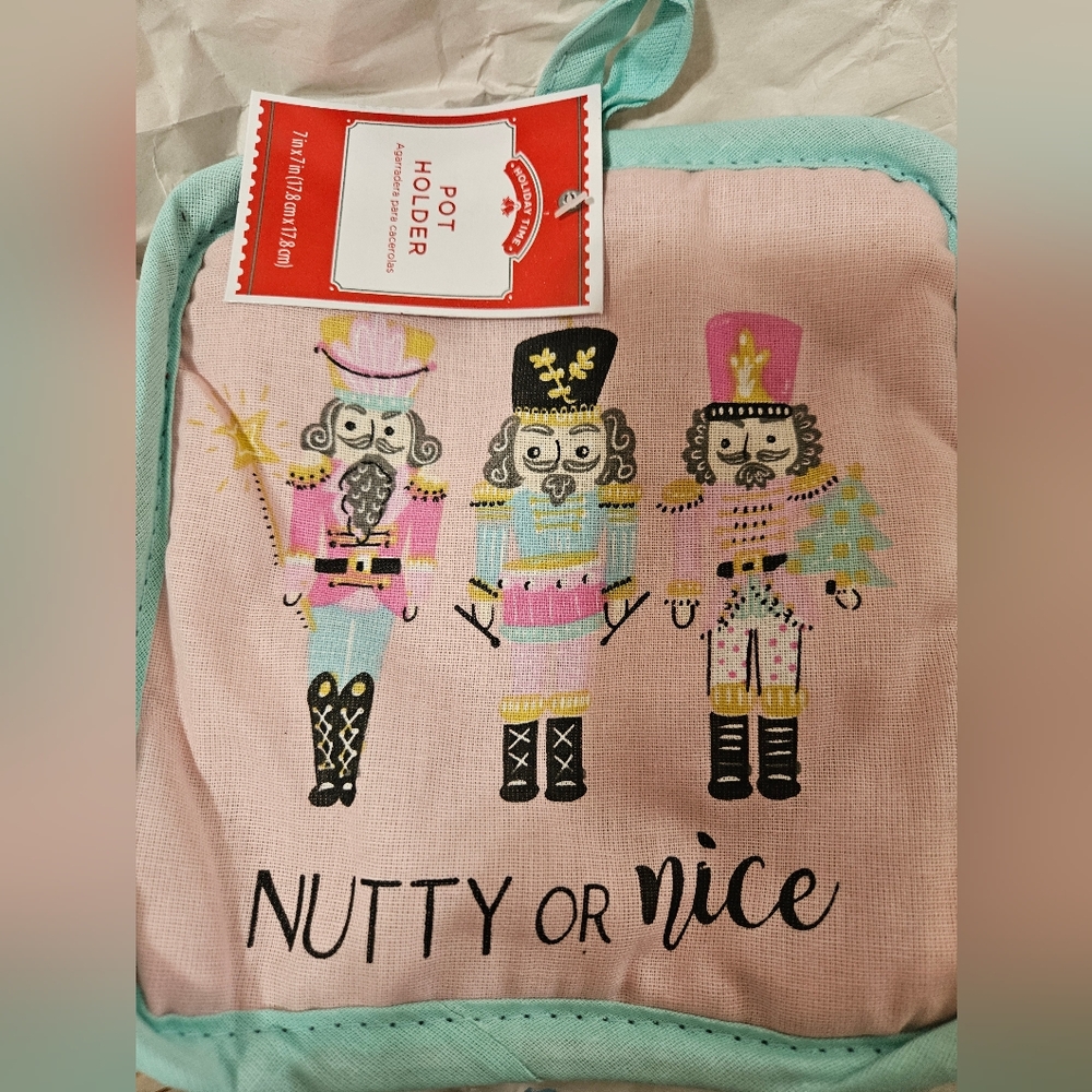Brand New Holiday Time "Nutty or Nice"  Nutcrackers Light Pink Pot Holder